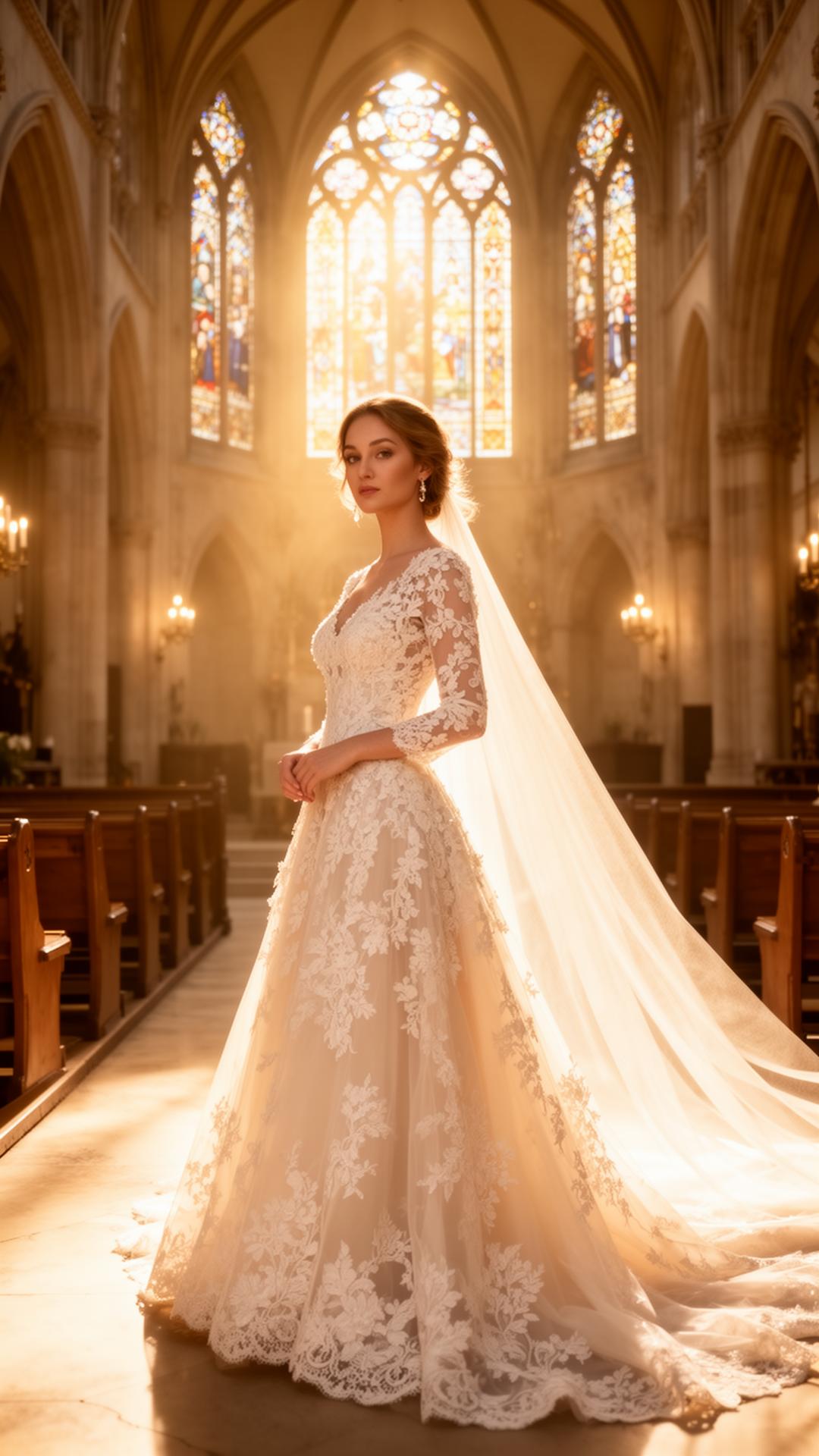 Noiva em vestido de renda em uma catedral iluminada